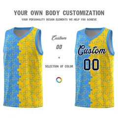 Light Blue Gold Puzzle Pattern Splid Basketball Kits 3