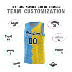 Light Blue Gold Puzzle Pattern Splid Basketball Kits 4
