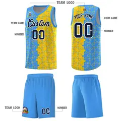 Light Blue Gold Puzzle Pattern Splid Basketball Kits 5