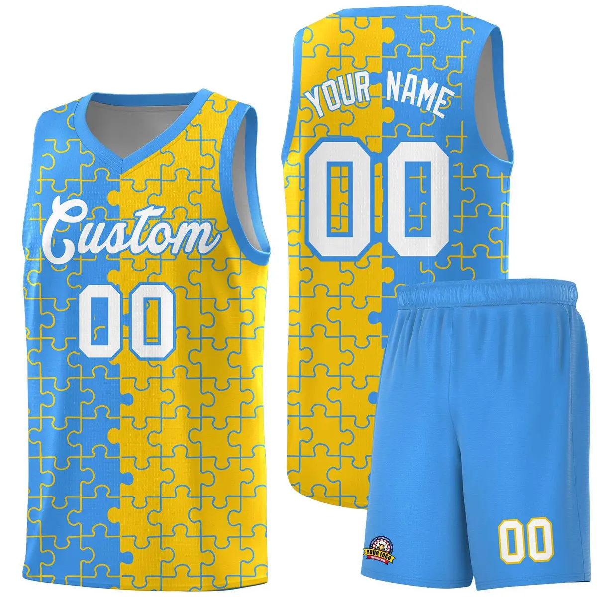 Light Blue Gold Puzzle Pattern Splid Basketball Kits