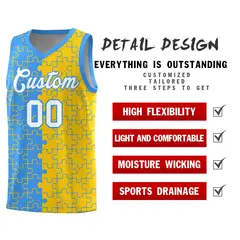 Light Blue Gold Puzzle Pattern Splid Basketball Kits 2
