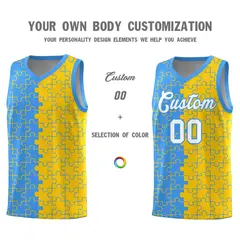 Light Blue Gold Puzzle Pattern Splid Basketball Kits 3