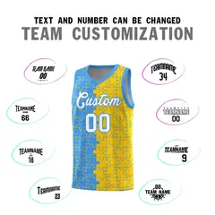 Light Blue Gold Puzzle Pattern Splid Basketball Kits 4