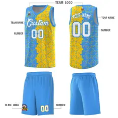 Light Blue Gold Puzzle Pattern Splid Basketball Kits 5