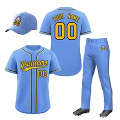 Light Blue Gold Team Baseball Jersey Pants Hat Package 1