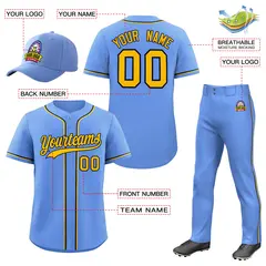 Light Blue Gold Team Baseball Jersey Pants Hat Package 2