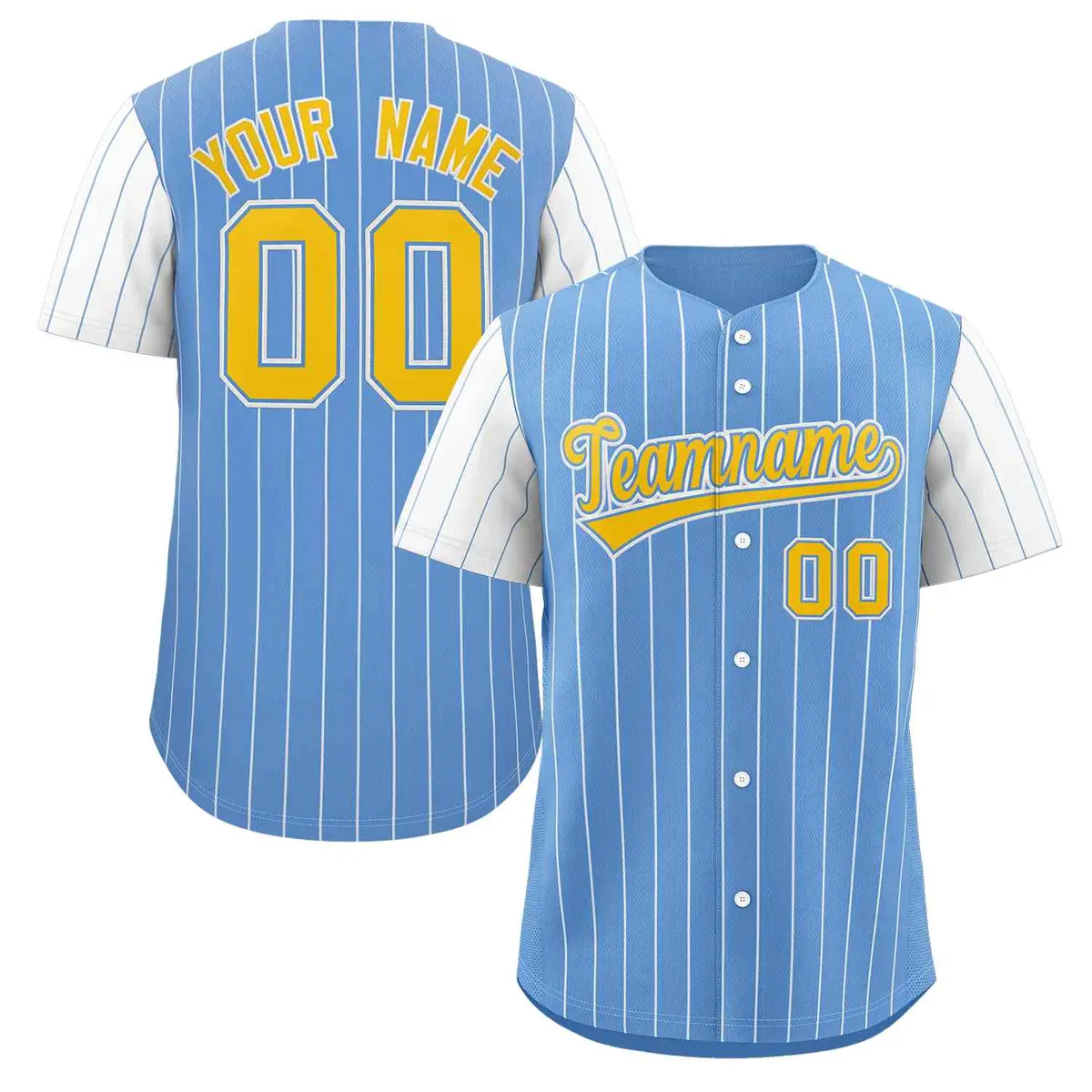 Light Blue Gold-White Stripe Raglan Baseball Jersey