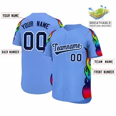 Light Blue Graffiti Multicolored Flames Baseball Jersey 2