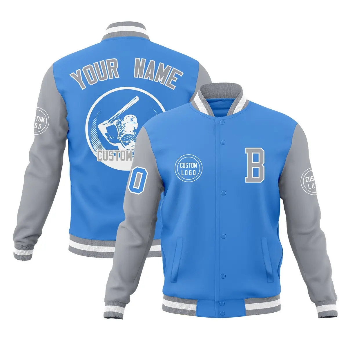 Light Blue Gray Raglan Full-Snap Varsity Letterman Baseball Jacket