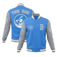 Light Blue Gray Raglan Full-Snap Varsity Letterman Baseball Jacket