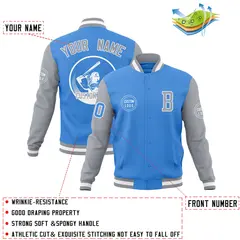 Light Blue Gray Raglan Full-Snap Varsity Letterman Baseball Jacket 4