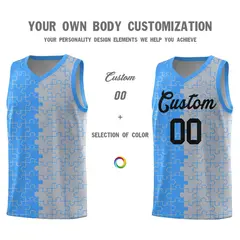 Light Blue Gray Splid Puzzle Pattern Basketball Kits 3