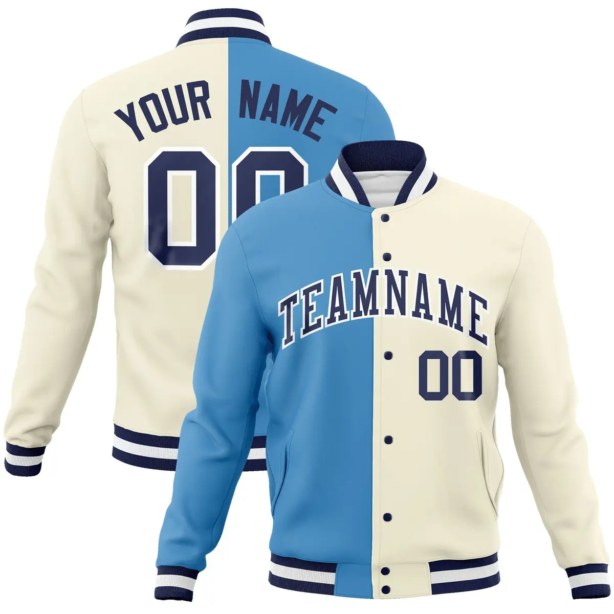Light Blue Khaki-Navy Two Tone Split Varsity Full-Snap Letterman Jacket