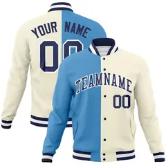 Light Blue Khaki-Navy Two Tone Split Varsity Full-Snap Letterman Jacket