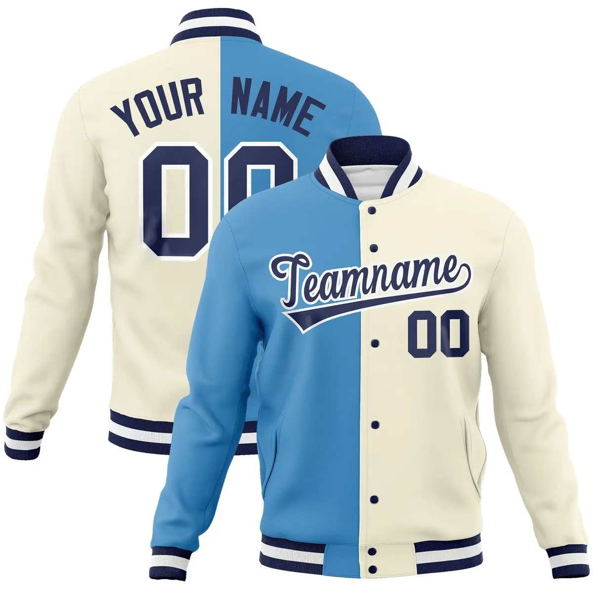 Light Blue Khaki-Navy Two Tone Split Varsity Full-Snap Letterman Jacket