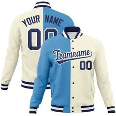 Light Blue Khaki-Navy Two Tone Split Varsity Full-Snap Letterman Jacket