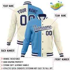 Light Blue Khaki-Navy Two Tone Split Varsity Full-Snap Letterman Jacket 4