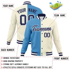 Light Blue Khaki-Navy Two Tone Split Varsity Full-Snap Letterman Jacket 4