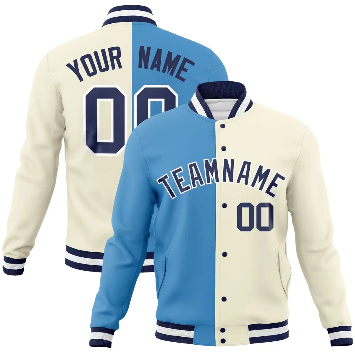Light Blue Khaki-Navy Two Tone Split Varsity Full-Snap Letterman Jacket