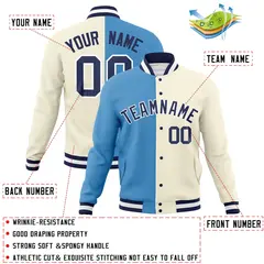 Light Blue Khaki-Navy Two Tone Split Varsity Full-Snap Letterman Jacket 4