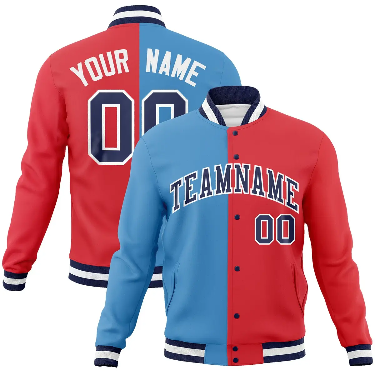 Light Blue Light Red-Navy Two Tone Split Varsity Full-Snap Letterman Jacket