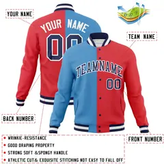 Light Blue Light Red-Navy Two Tone Split Varsity Full-Snap Letterman Jacket 4