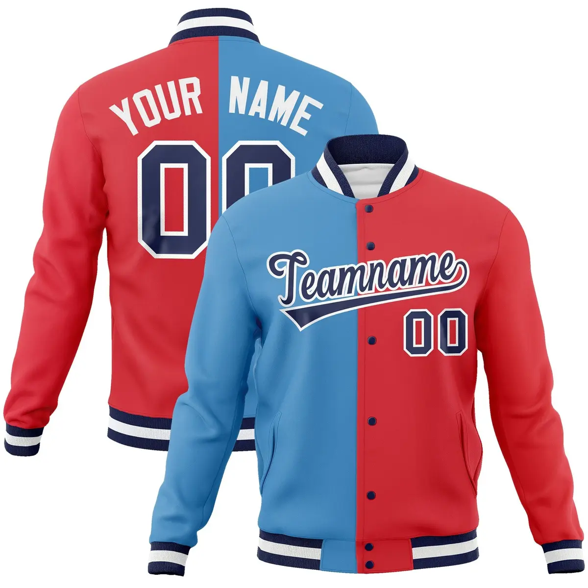Light Blue Light Red-Navy Two Tone Split Varsity Full-Snap Letterman Jacket
