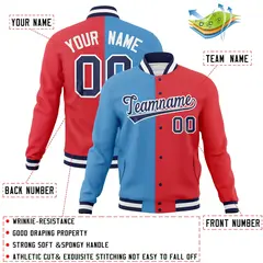 Light Blue Light Red-Navy Two Tone Split Varsity Full-Snap Letterman Jacket 4