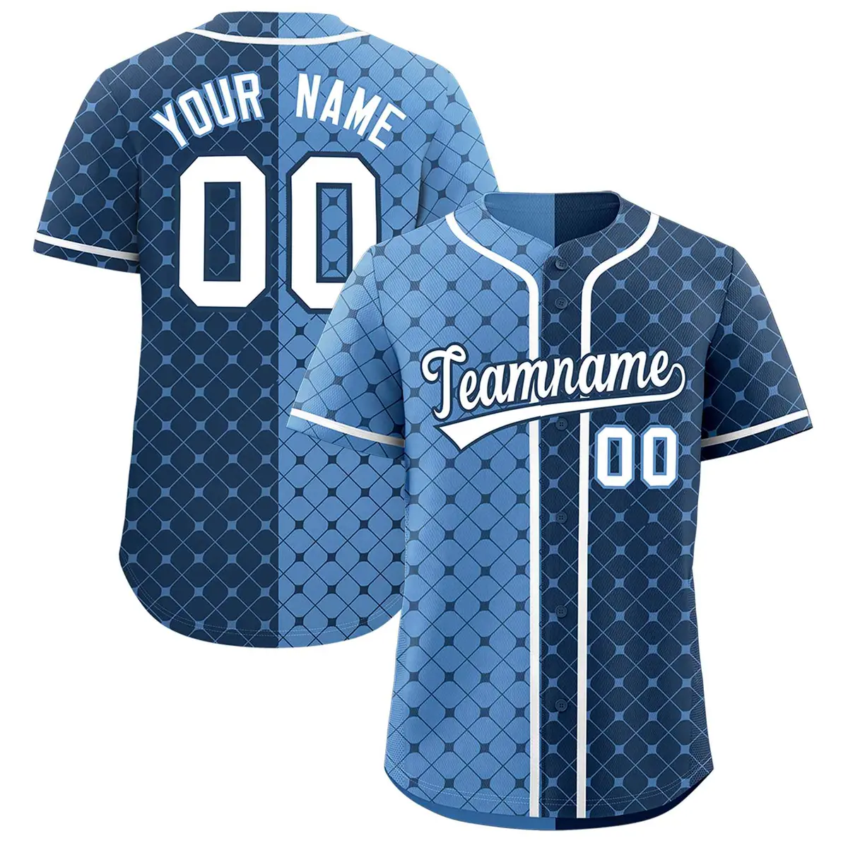 Light Blue Midnight Blue Split Plaid Baseball Jersey