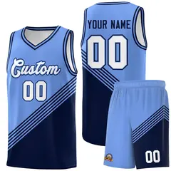 Light Blue Navy Diagonal Stripe Color Block Basketball Jersey