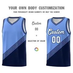 Light Blue Navy Diagonal Stripe Color Block Basketball Jersey 3