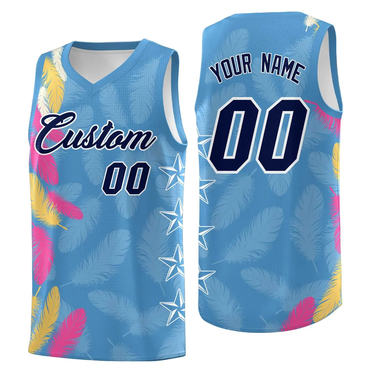 Light Blue Navy Feather Graffiti Pattern Basketball Jersey