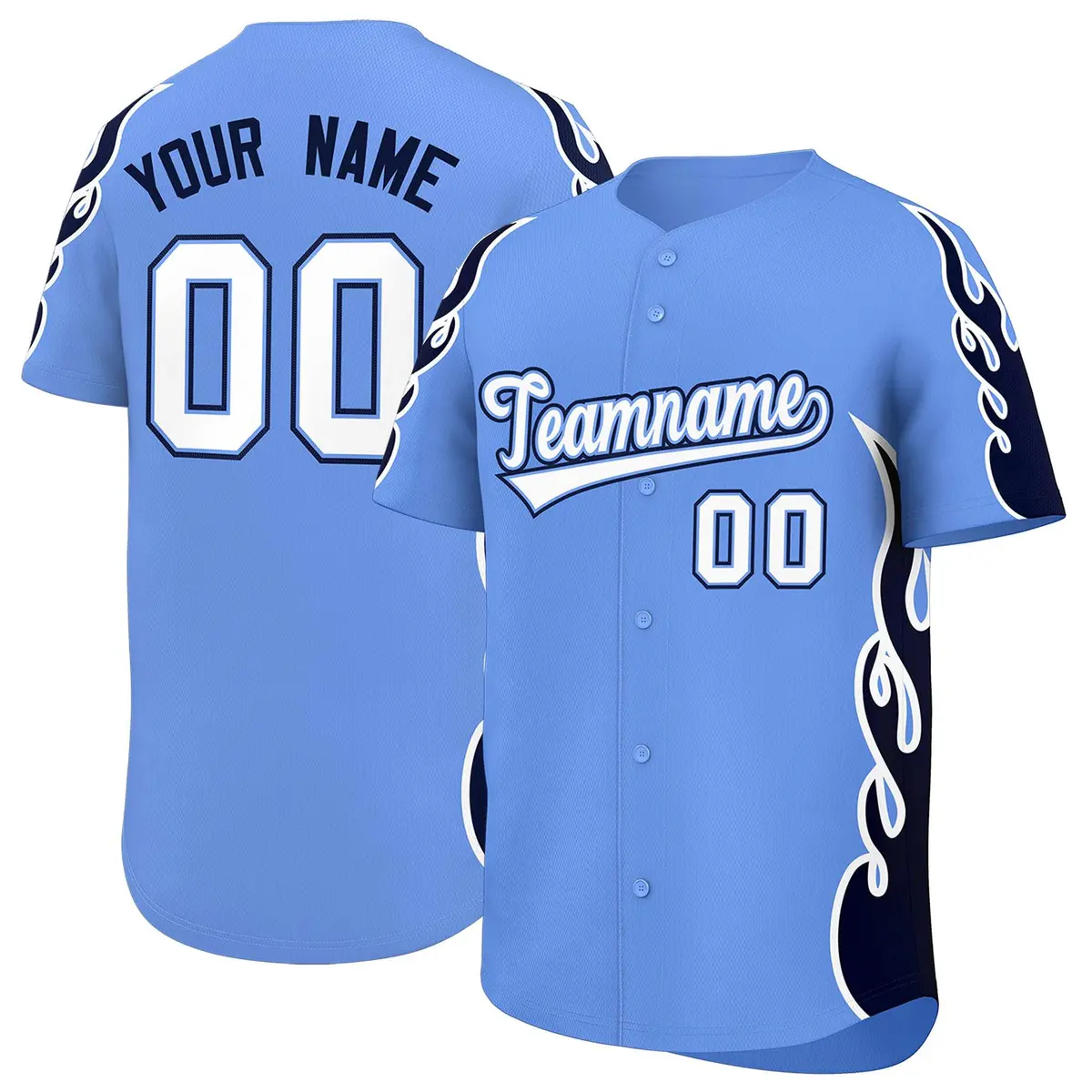 Light Blue Navy Flame Outline Side Baseball Jersey