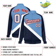 Light Blue Navy Raglan Varsity Full-Snap Letterman Baseball Jacket 2
