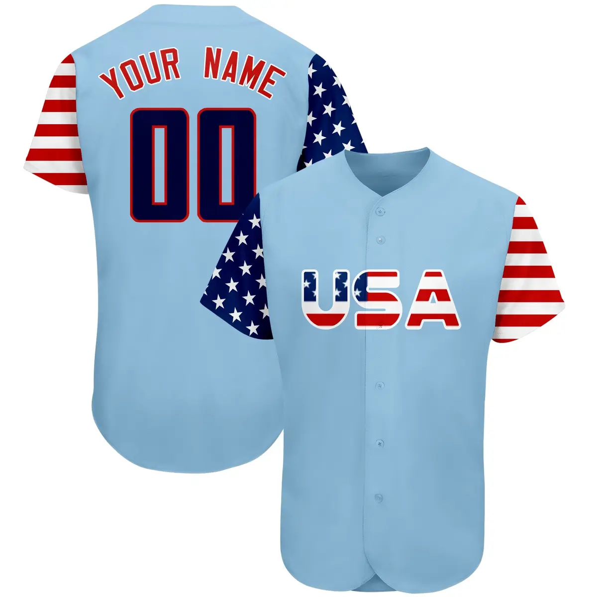Light Blue Navy-Red American Flag Baseball Jersey