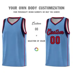 Light Blue Navy-Red Sleeve Color Block Basketball Jersey 3