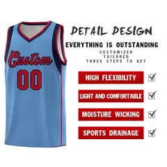 Light Blue Navy-Red Sleeve Color Block Basketball Jersey 5