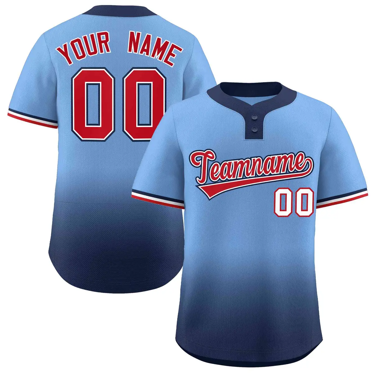 Light Blue Navy Red-White Gradient Two-Button Softball Jersey