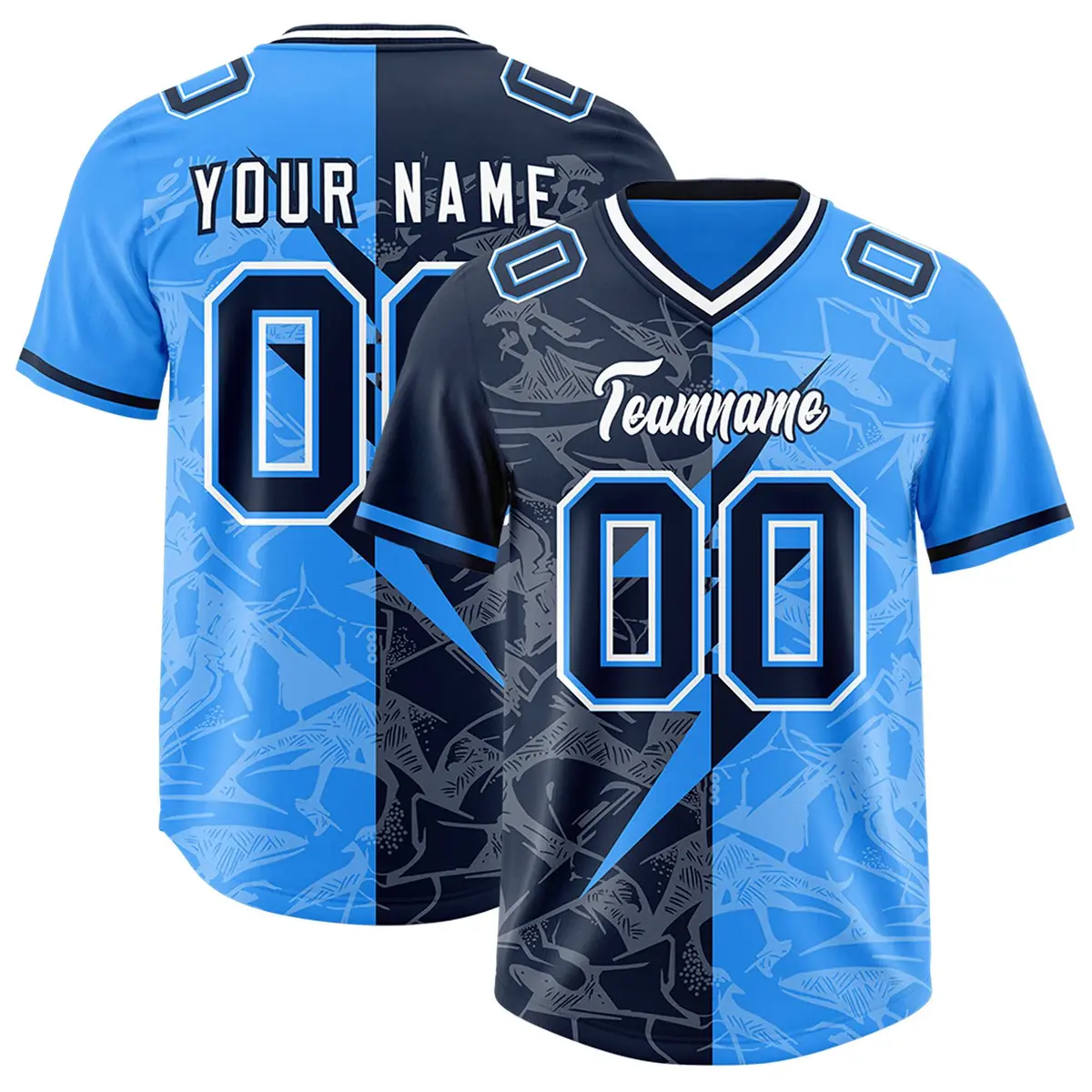 Light Blue Navy Split Lightning Pattern Football Jersey