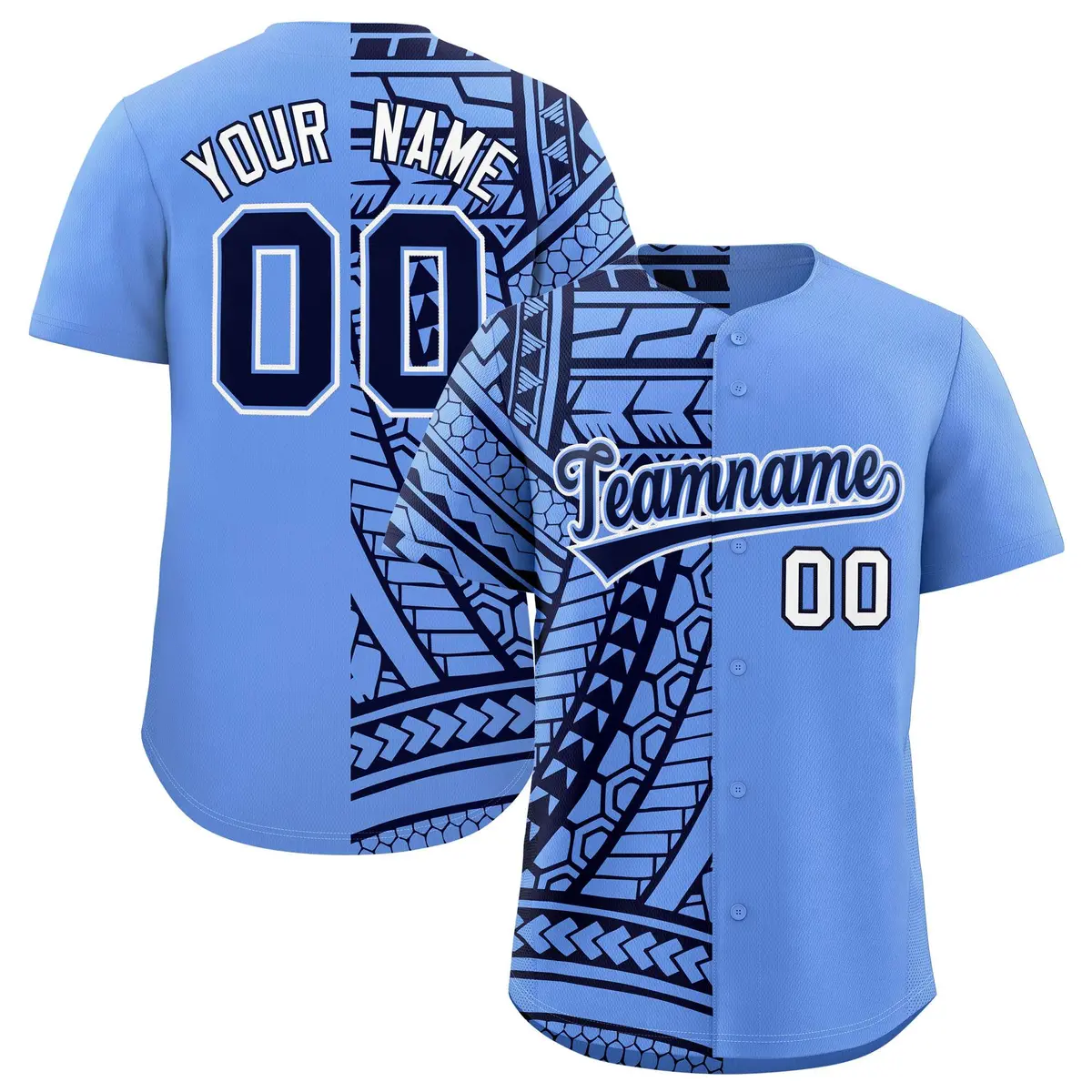 Light Blue Navy Split Tribal Baseball Jersey