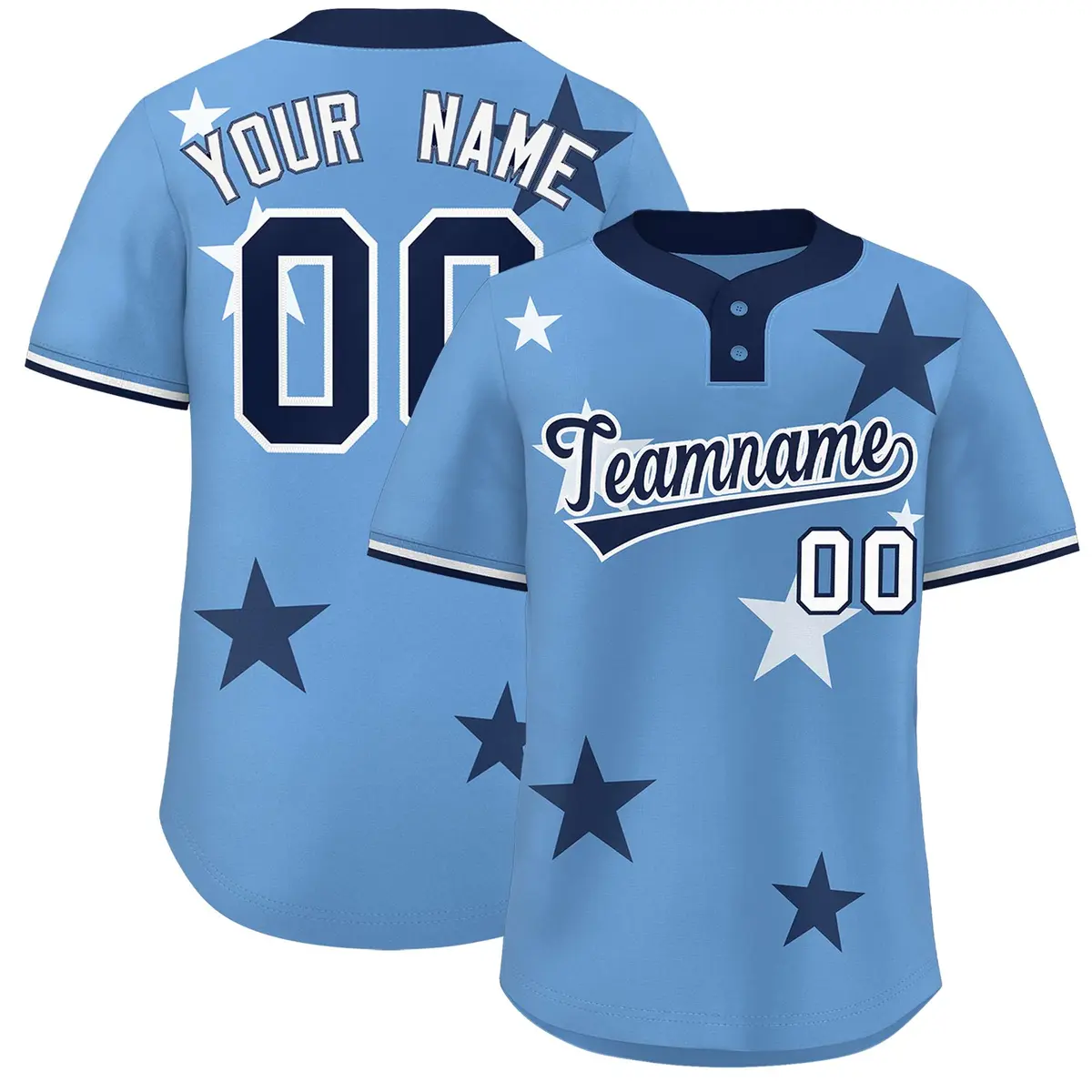 Light Blue Navy Star Graffiti Two-Button Baseball Jersey