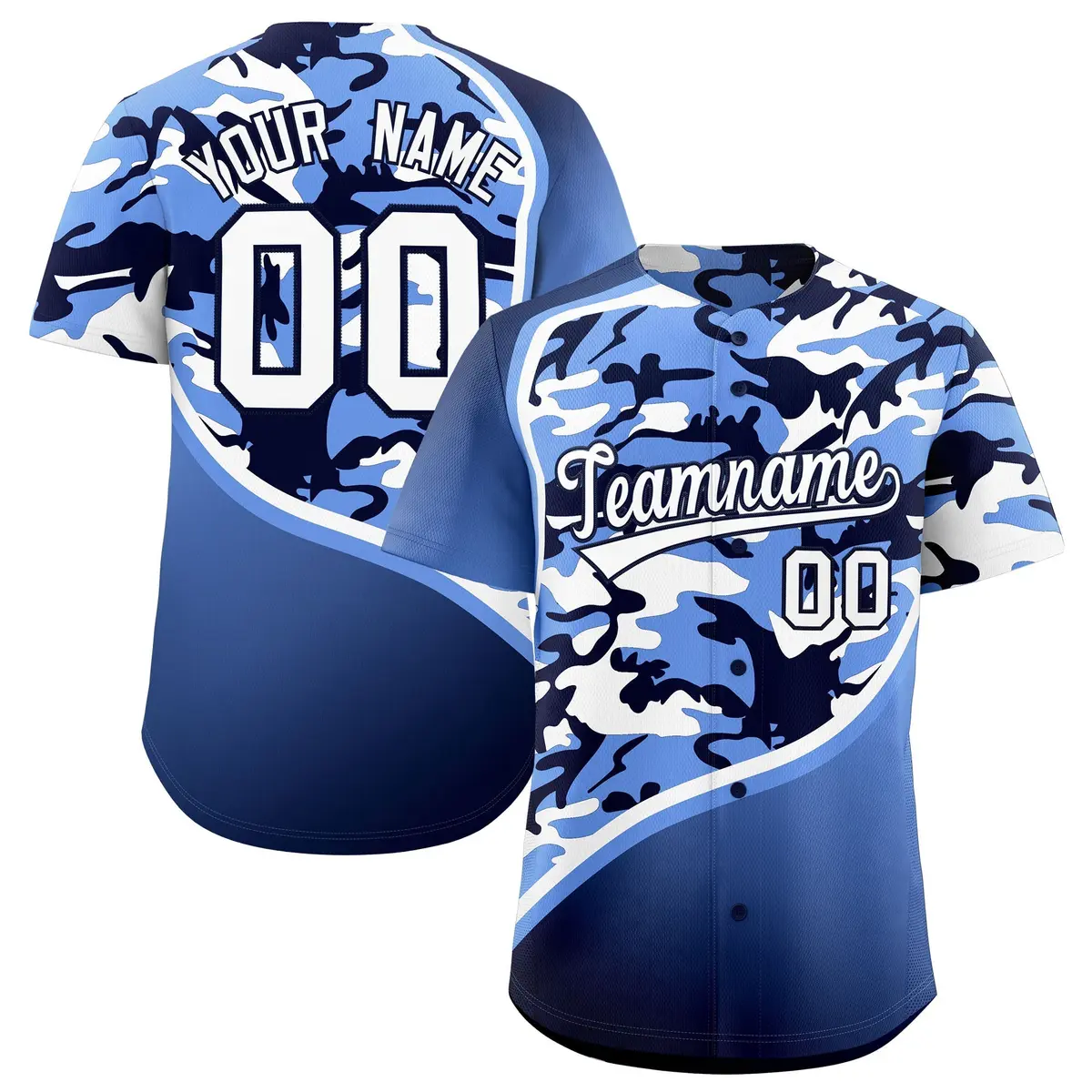 Light Blue Navy White Camo Gradient Fashion Baseball Jersey