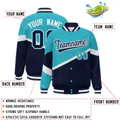 Light Blue Navy-White Color Block Varsity Baseball Jacket 2
