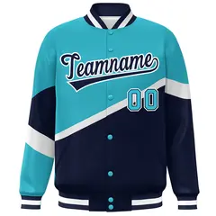 Light Blue Navy-White Color Block Varsity Baseball Jacket 3