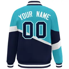 Light Blue Navy-White Color Block Varsity Baseball Jacket 4