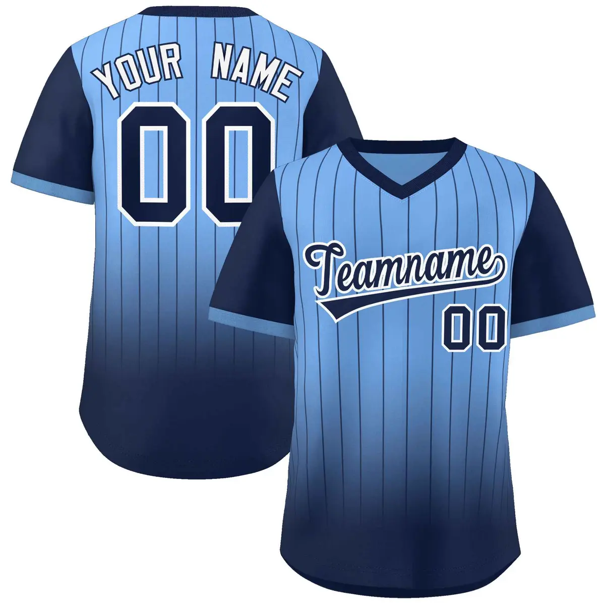 Light Blue Navy-White Gradient Pullover Pinstripe Baseball Jersey