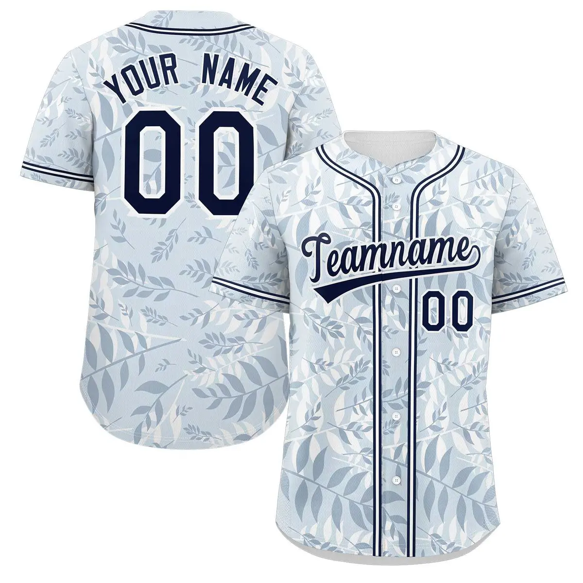 Light Blue Navy-White Graffiti Palm Leaf Baseball Jersey