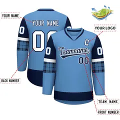 Light Blue Navy-White Raglan Sleeves V-Neck Hockey Jersey 2