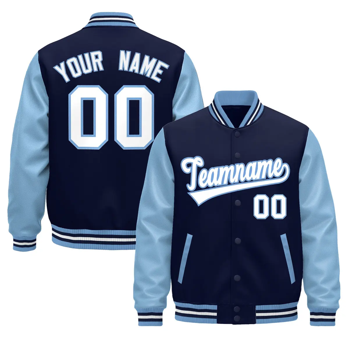 Light Blue Navy White Varsity Full-Snap Letterman Jacket Raglan Leather Sleeves