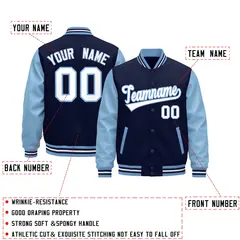 Light Blue Navy White Varsity Full-Snap Letterman Jacket Raglan Leather Sleeves 2